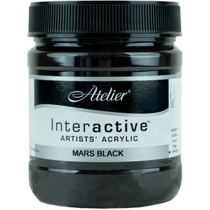 Atelier Interactive Artists' Acrylic Mars Black 500ml jar, black paint visible through the jar under a ribbed black cap