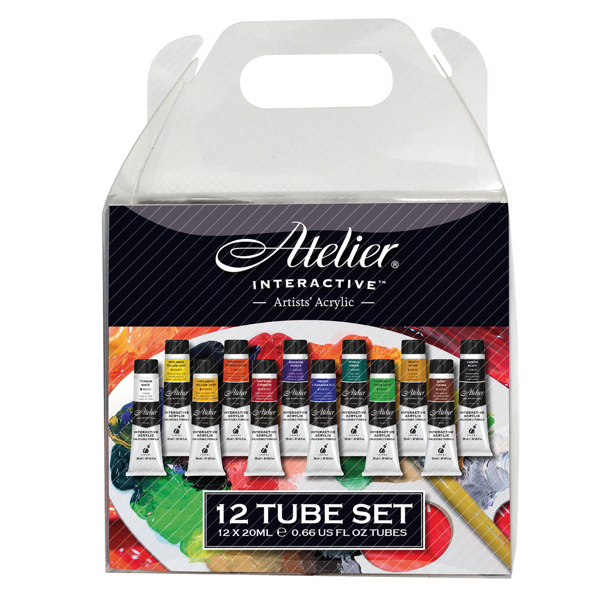 Atelier Interactive 12 tube set in a clear plastic carry pack showing twelve 20ml colour tubes on a paint palette