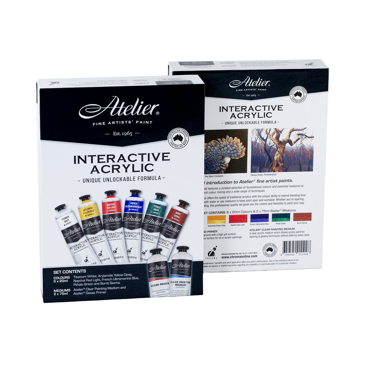 Atelier Interactive Classical Palette set front and back boxes showing six colour tubes, gesso and clear medium