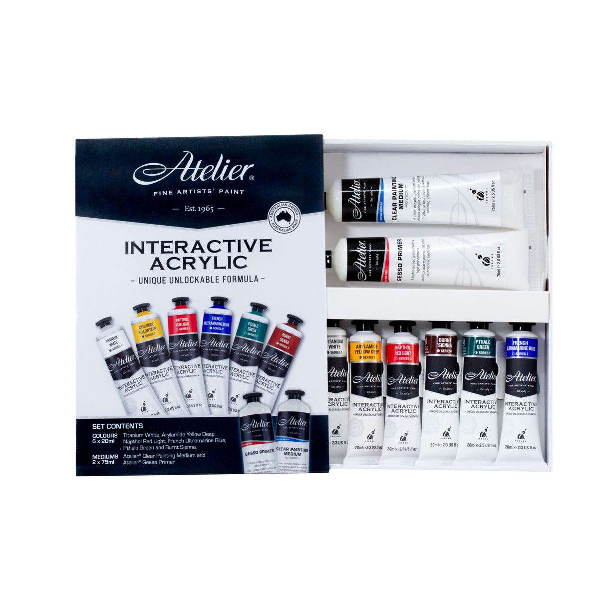 Open Atelier Interactive set tray holding six 20ml colour tubes and 75ml Gesso Primer and Clear Painting Medium