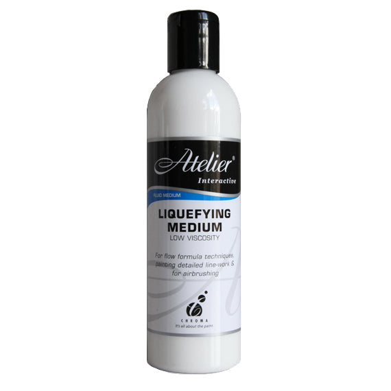 Chroma Atelier Interactive Liquefying Medium 250ml white bottle with black flip cap and blue Fluid Medium label band