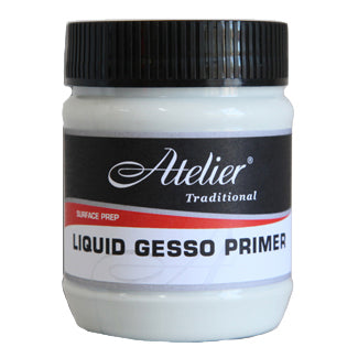 Chroma Atelier Traditional Liquid Gesso Primer small white jar with black screw lid and red Surface Prep label band
