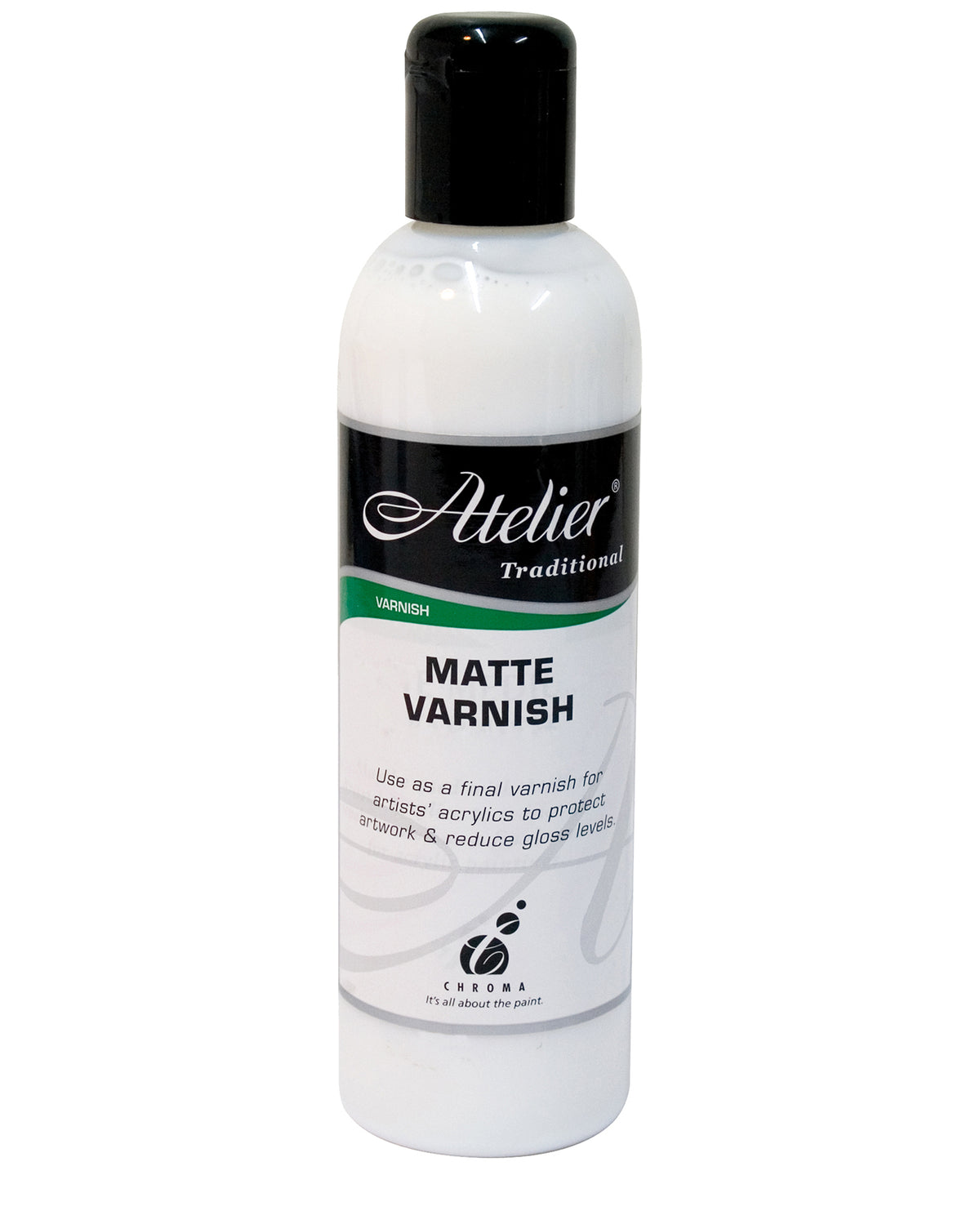 Chroma Atelier Traditional Matte Varnish 250ml white bottle with black flip cap and green Varnish label band