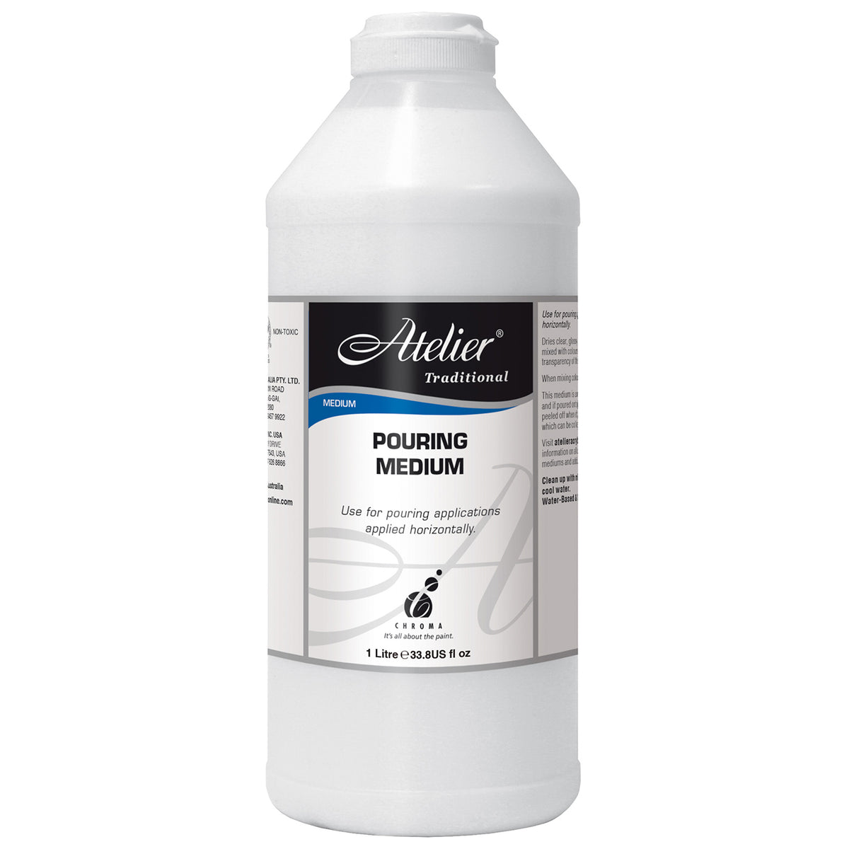 Chroma Atelier Traditional Pouring Medium 1 litre white bottle with white cap and blue Medium label band