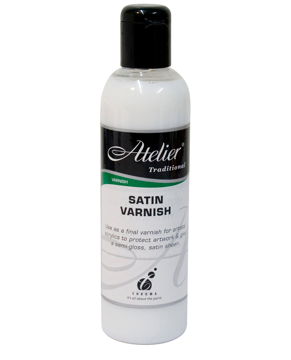 Chroma Atelier Traditional Satin Varnish 250ml white bottle with black flip cap and green Varnish label band