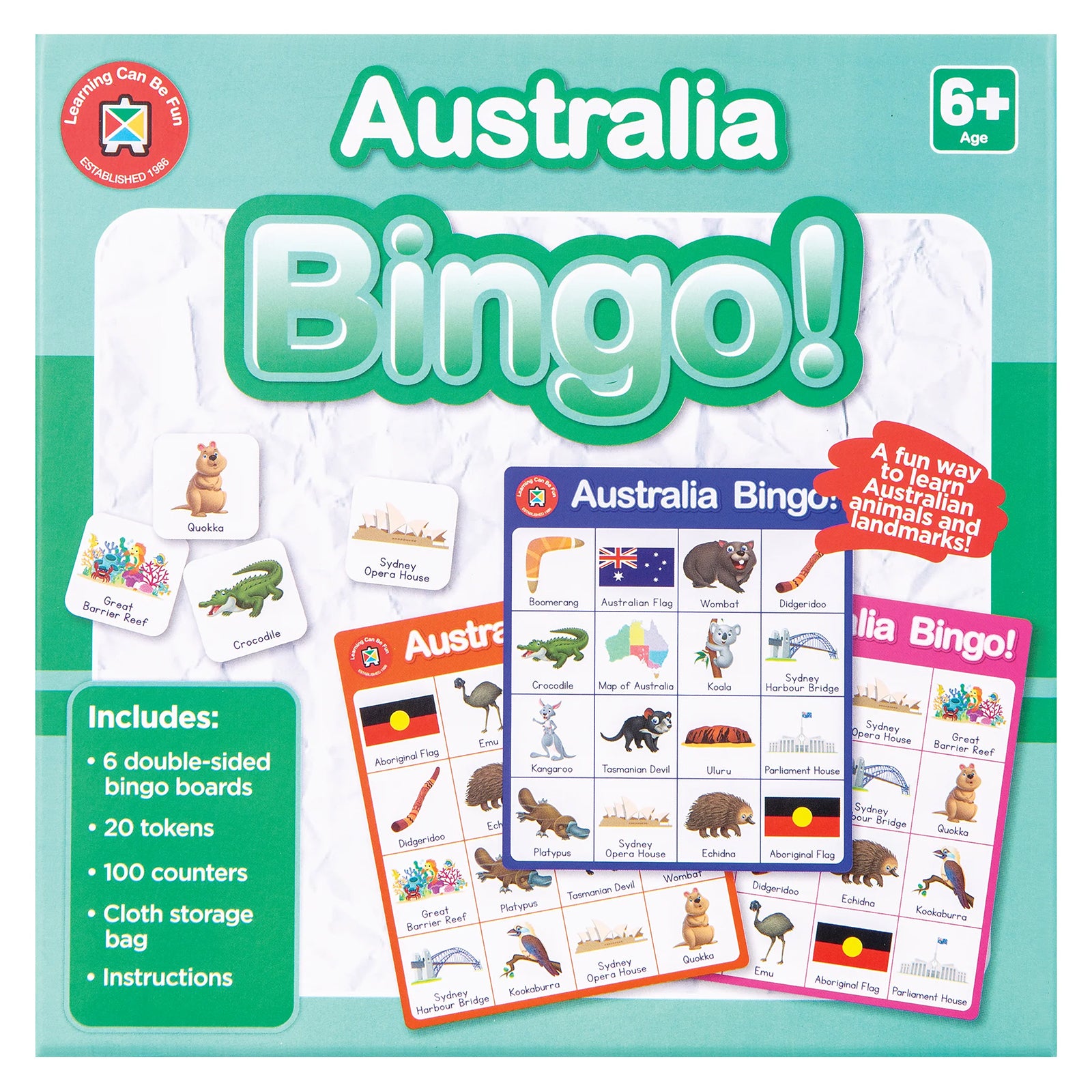 Australia Bingo educational game arranged beside product packaging with colourful boards featuring iconic Australian animals, landmarks and symbols. The image highlights classroom ready learning resources suitable for homeschooling, group activities and Australian studies lessons.