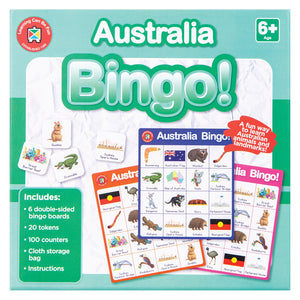 Australia Bingo educational game arranged beside product packaging with colourful boards featuring iconic Australian animals, landmarks and symbols. The image highlights classroom ready learning resources suitable for homeschooling, group activities and Australian studies lessons.