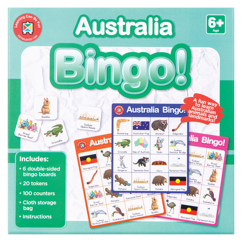 Australia Bingo educational game arranged beside product packaging with colourful boards featuring iconic Australian animals, landmarks and symbols. The image highlights classroom ready learning resources suitable for homeschooling, group activities and Australian studies lessons.