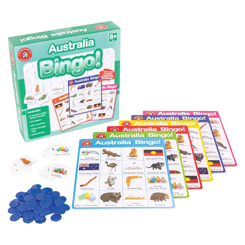 Product overview of Australia Bingo showing six double sided bingo boards, twenty educational picture tokens, one hundred counters and a blue drawstring storage bag. The set provides a hands on learning experience focused on Australian culture, geography and wildlife.
