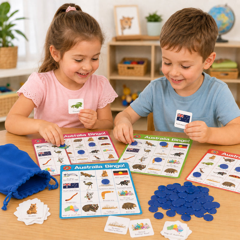 Children playing Learning Can Be Fun Australia Bingo while matching illustrated cards featuring Australian animals, landmarks and cultural icons. The game includes colourful bingo boards, counters and educational tokens that help young learners explore Australian geography and wildlife through engaging interactive play.