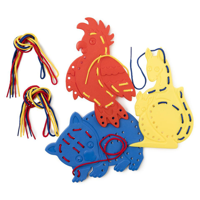 Three brightly coloured Australian animal lacing shapes including a red cockatoo, yellow kangaroo, and blue wombat with colourful threading laces designed for early learning sewing and motor skill activities.