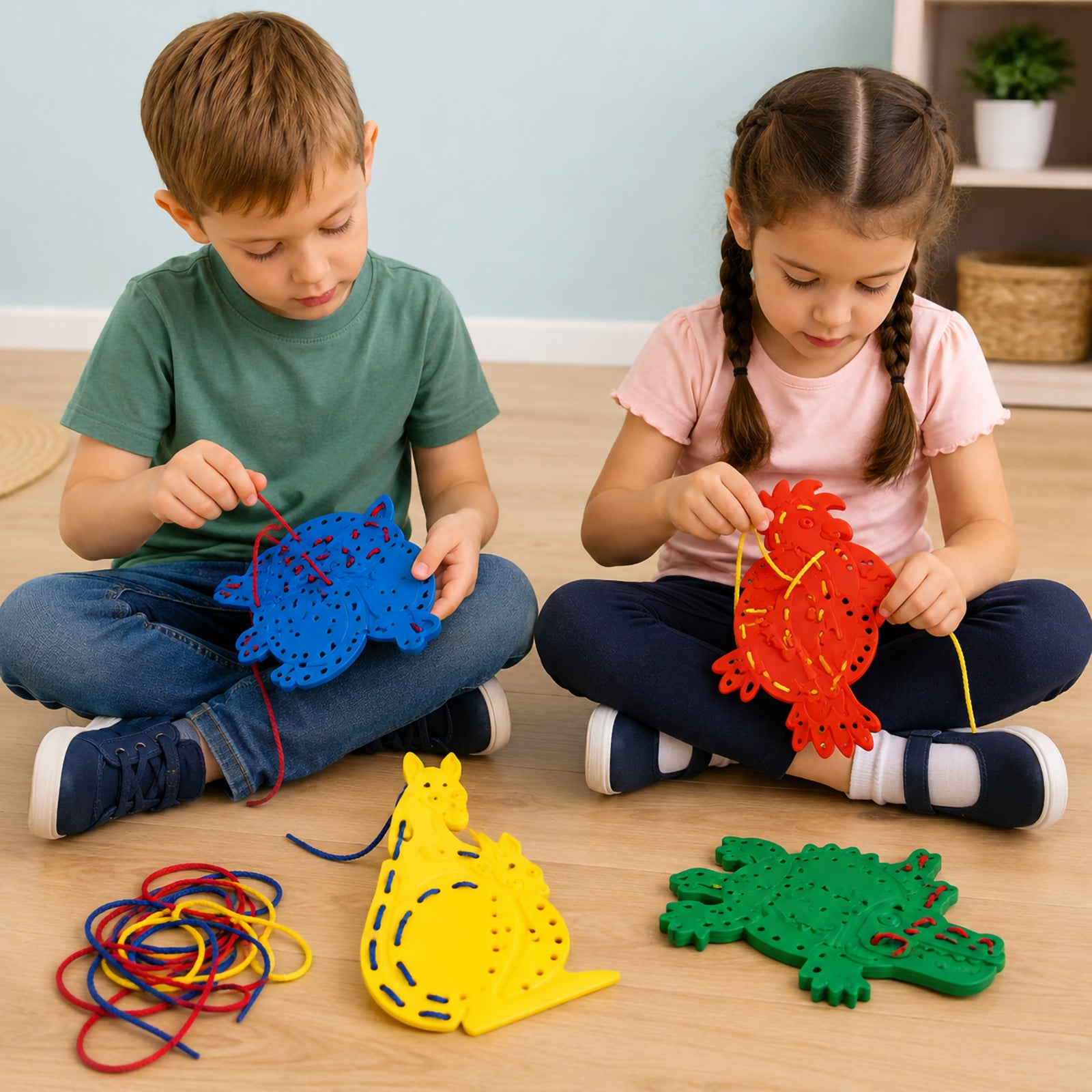 Children sit on the floor using colourful Australian animal lacing shapes, threading red and yellow laces through a blue wombat and red cockatoo with a yellow kangaroo and green shape nearby.