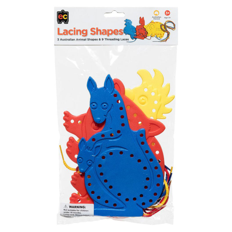 Packaged Educational Colours Australian Animals Lacing Set featuring large colourful animal threading shapes and laces suitable for preschool learning, classroom activities, and fine motor skill development.