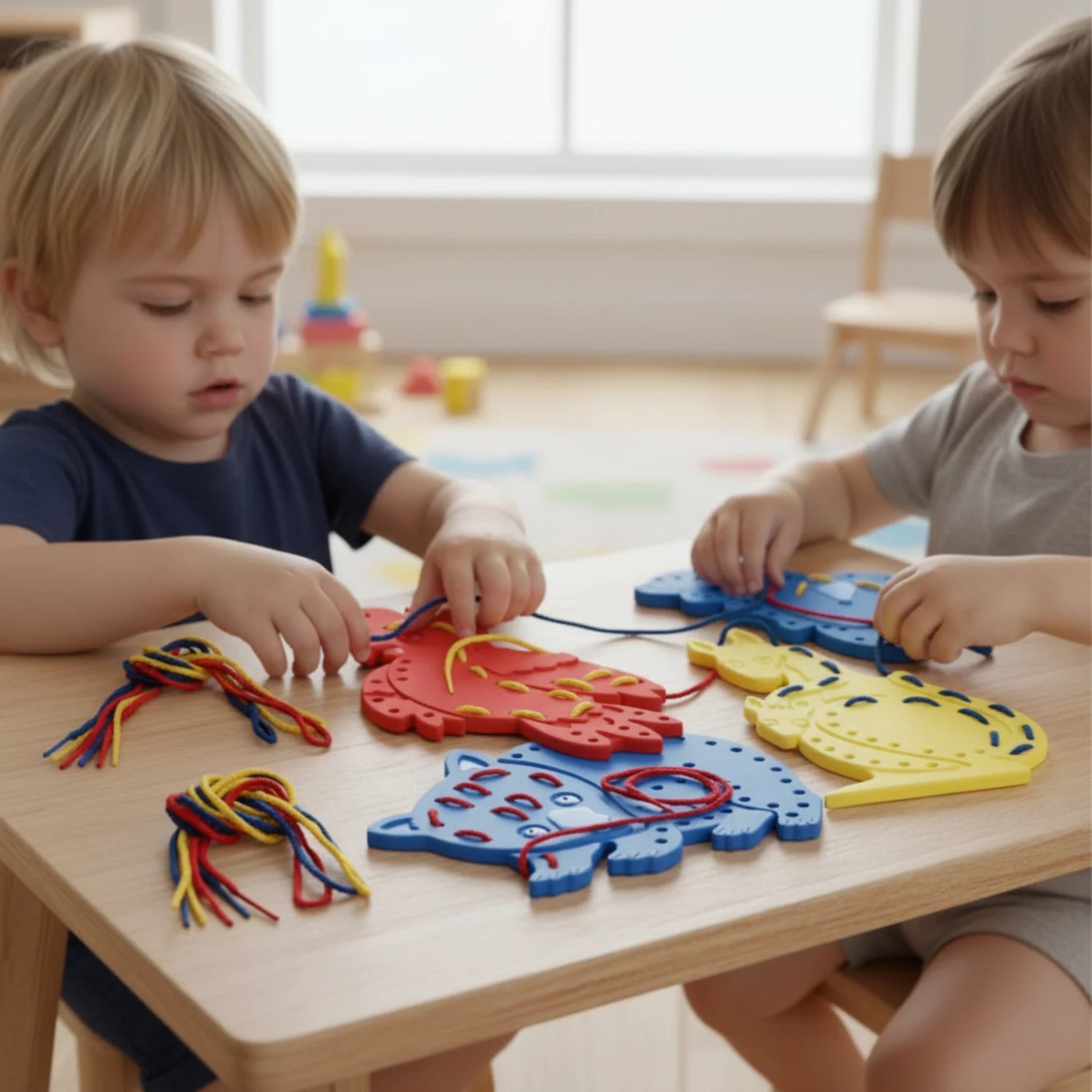 Toddlers at a table practise threading laces through bright Australian animal boards, using red, blue, and yellow cords to build hand eye coordination and fine motor control.