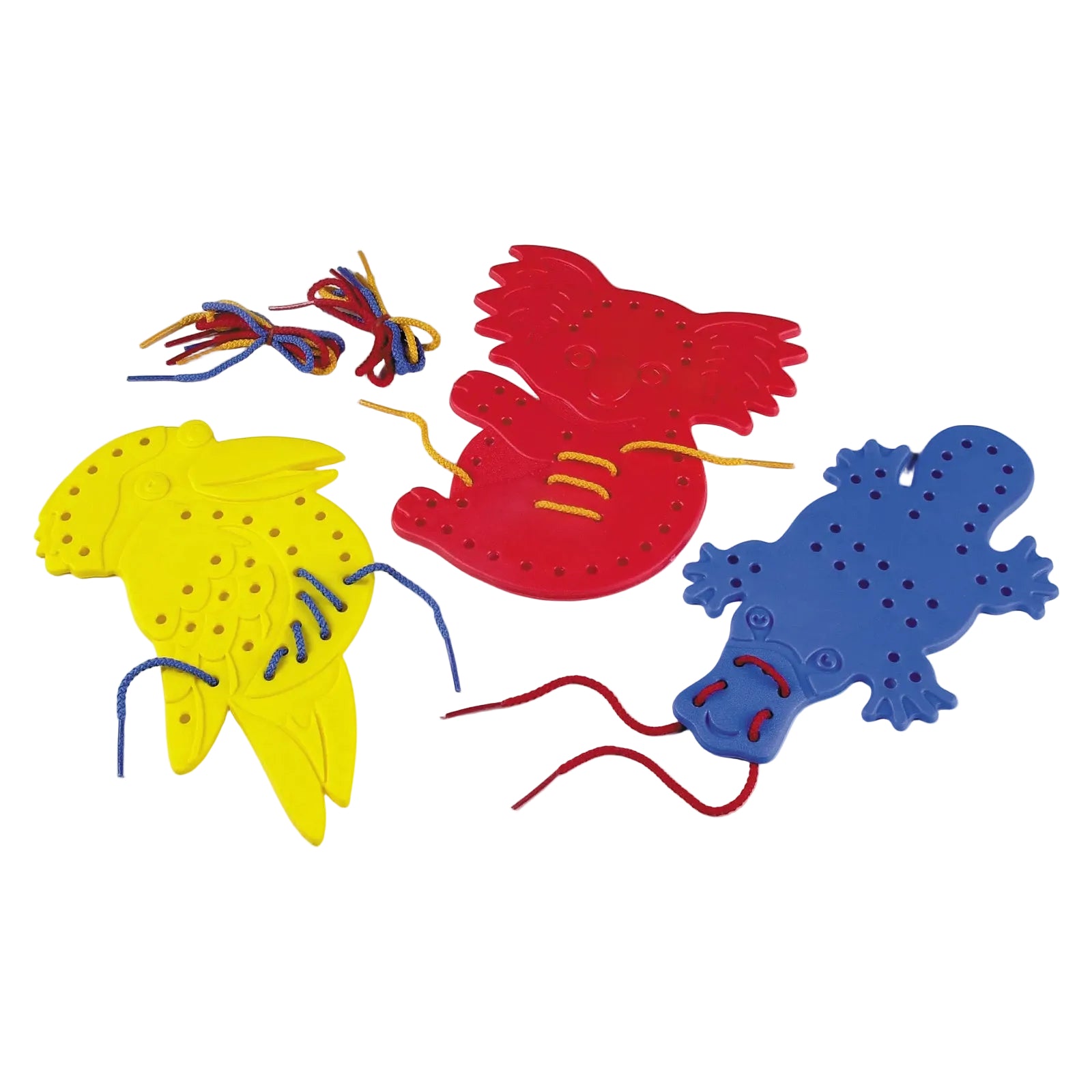 Educational Colours Australian Animals Lacing Set 2 featuring colourful koala, platypus, and kookaburra threading shapes with assorted laces for early learning and creative motor skill activities.