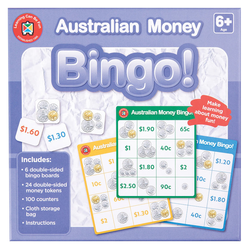 Close up of Australian Money Bingo retail packaging displaying Australian coin illustrations, colourful game boards and included contents. The packaging communicates key educational benefits including money recognition, counting practice and learning through play for children aged six and above.