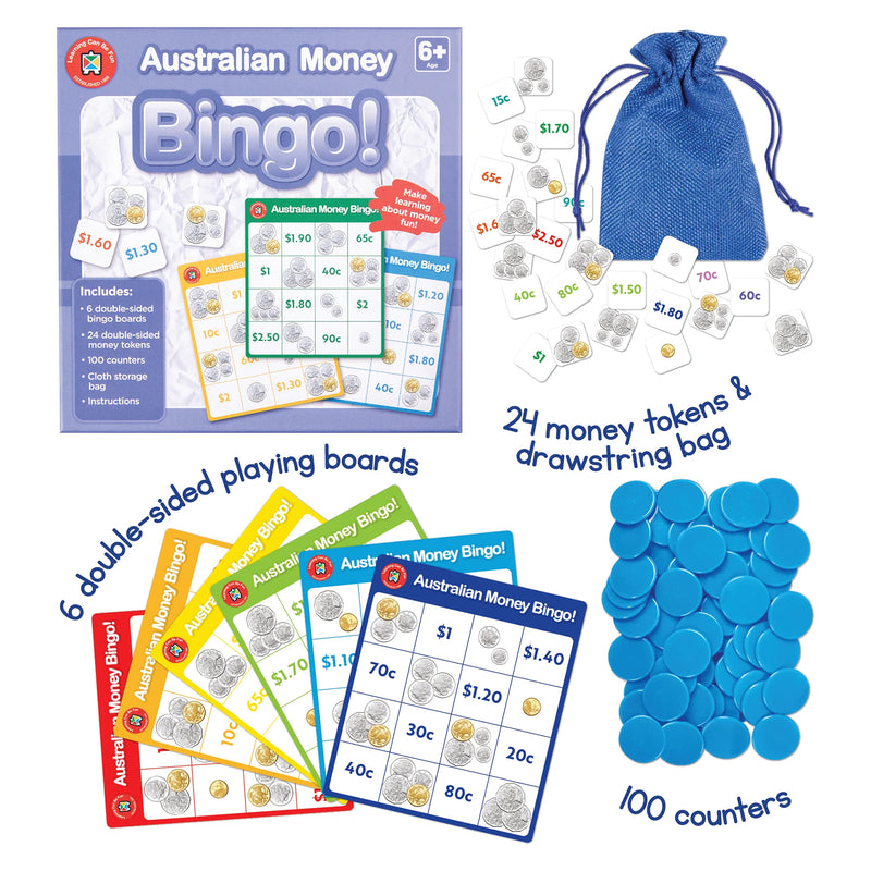 Detailed product overview of Australian Money Bingo showing six double sided bingo boards, twenty four money tokens, one hundred counters and drawstring storage bag. The layout demonstrates the educational contents included for teaching Australian coin recognition and counting skills through structured gameplay.