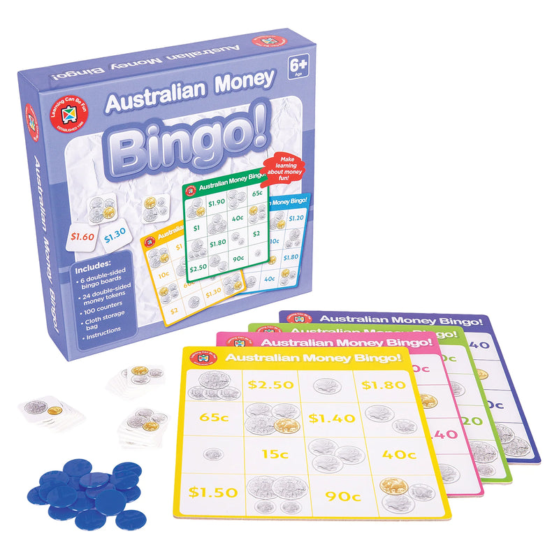 Australian Money Bingo set arranged beside the product box with colourful learning boards, counters and money tokens. The image highlights the game's educational design, durable components and suitability for classroom, tutoring and home learning environments.