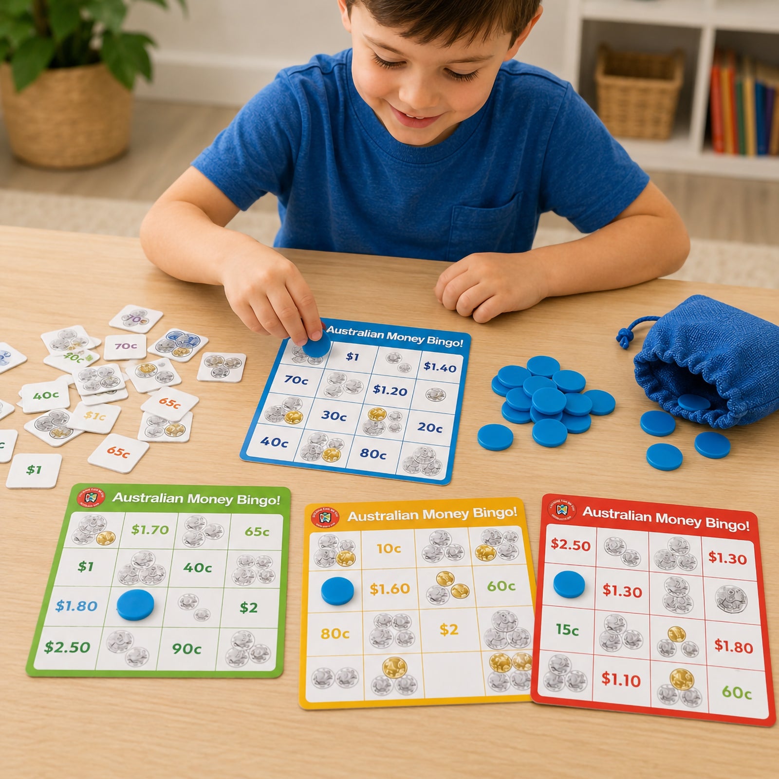 Child playing Australian Money Bingo using multiple colourful bingo cards featuring Australian coin illustrations and money values. Blue counters are used to mark matches while money tokens are spread across the table. This image highlights collaborative learning, numeracy development and practical money counting activities.