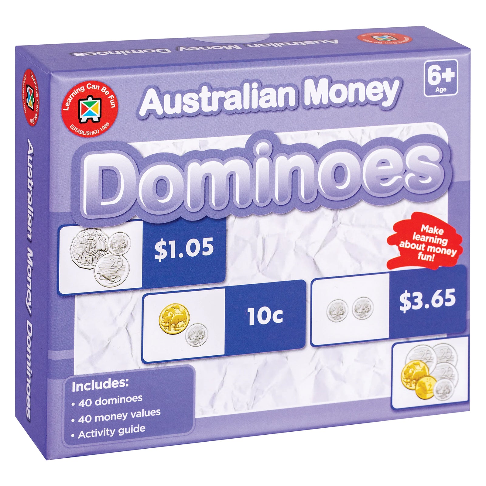 Front packaging artwork for Learning Can Be Fun Australian Money Dominoes featuring examples of Australian coin combinations and money values. The design promotes learning about money through engaging dominoes gameplay.