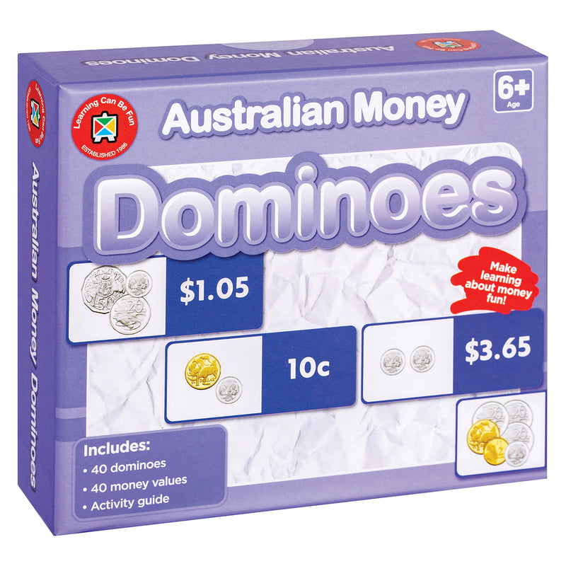 Front packaging artwork for Learning Can Be Fun Australian Money Dominoes featuring examples of Australian coin combinations and money values. The design promotes learning about money through engaging dominoes gameplay.