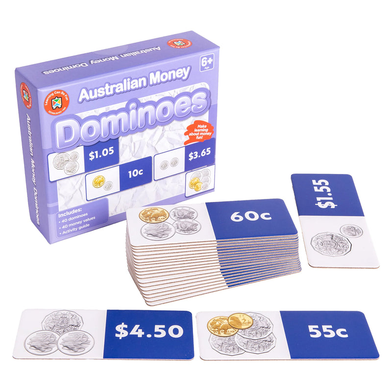 Product contents presentation showing Australian Money Dominoes packaging, stacked domino cards and sample money value matches. The image demonstrates how coin combinations are linked to numerical values to support money learning.