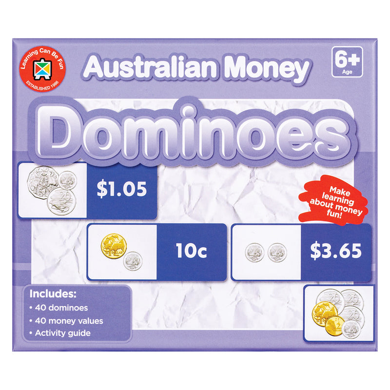 Close up packaging image displaying Australian Money Dominoes educational game contents including 40 dominoes, 40 money values and an activity guide. The product is designed to help children develop financial literacy and numeracy skills.