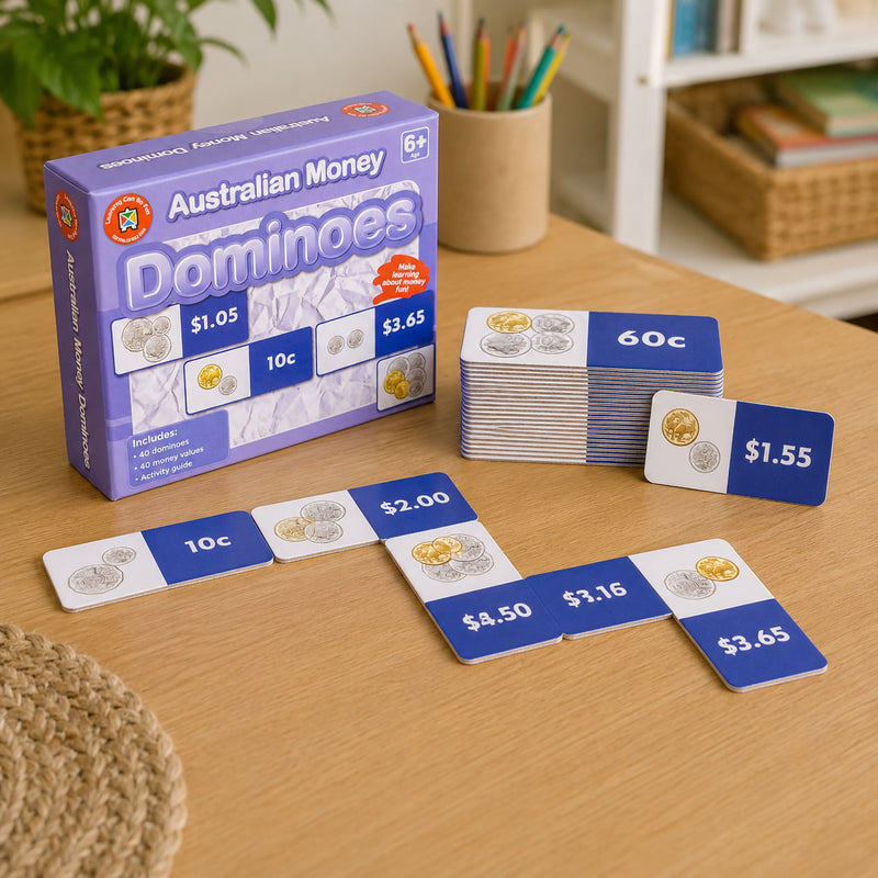 Australian Money Dominoes set displayed on a classroom table with domino cards, retail packaging and money value examples. The image highlights the educational resource designed to teach financial literacy and practical money skills.
