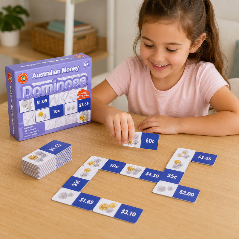 Child engaging with Australian Money Dominoes by connecting domino pieces featuring coin illustrations and money amounts. The game supports counting, addition and subtraction while helping learners build confidence with Australian currency recognition.