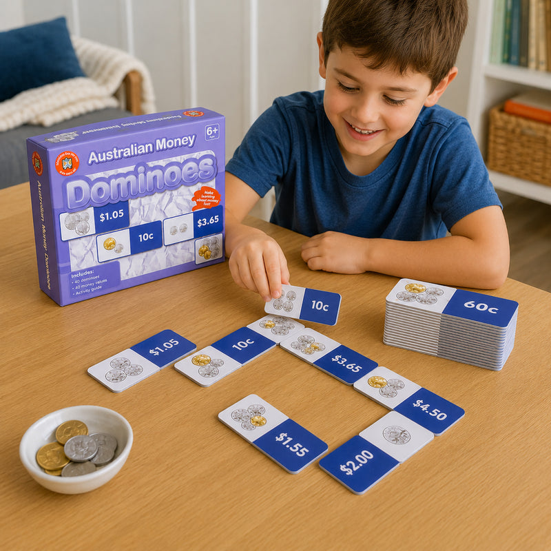 Young child playing Learning Can Be Fun Australian Money Dominoes while matching Australian coin combinations to monetary values. The educational game encourages financial literacy, money recognition and early numeracy skills through hands on play and interactive learning activities.