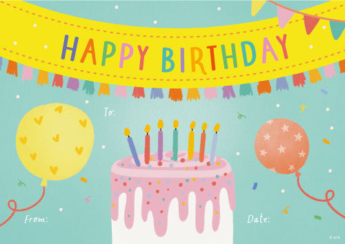 Australian Teaching Aids Happy Birthday Cake paper certificate, 210x148mm, pack of 35, 150gsm, printed in Australia