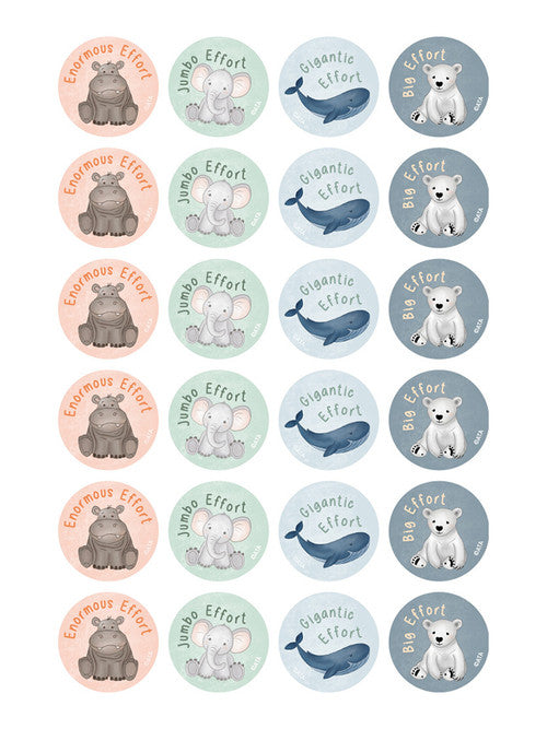 Australian Teaching Aids effort merit stickers with animal designs, 29mm diameter, pack of 96