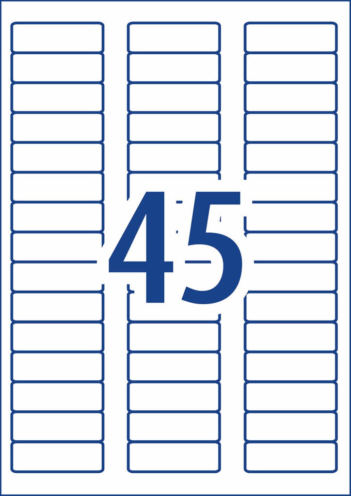 Diagram of the Avery L7156 A4 sheet layout, showing 45 white rectangular label outlines at 58 x 17.8mm arranged in columns on a single sheet with the label count printed large in the centre