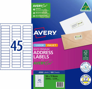 Avery 959061 pack of Premium Address Labels with AveryEco, the L7156 carton front printed 4500 Labels and 100 Sheets at 58 x 17.8mm, beside a diagram of the A4 sheet layout with 45 labels, with the Australian Made kangaroo logo, FSC mark and Quick Peel roundel