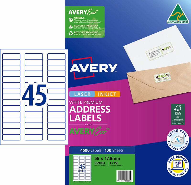 Avery 959061 pack of Premium Address Labels with AveryEco, the L7156 carton front printed 4500 Labels and 100 Sheets at 58 x 17.8mm, beside a diagram of the A4 sheet layout with 45 labels, with the Australian Made kangaroo logo, FSC mark and Quick Peel roundel