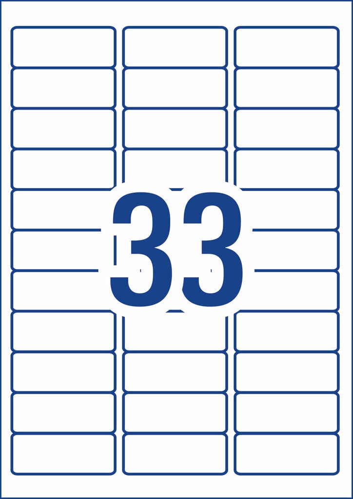 Diagram of the Avery L7157 A4 sheet layout, showing 33 white rectangular label outlines at 64 x 24.3mm arranged in columns on a single sheet with the label count printed large in the centre