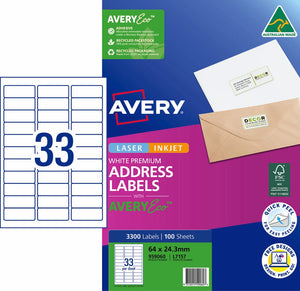Avery 959060 pack of Premium Address Labels with AveryEco, the L7157 carton front printed 3300 Labels and 100 Sheets at 64 x 24.3mm, beside a diagram of the A4 sheet layout with 33 labels, with the Australian Made kangaroo logo, FSC mark and Quick Peel roundel