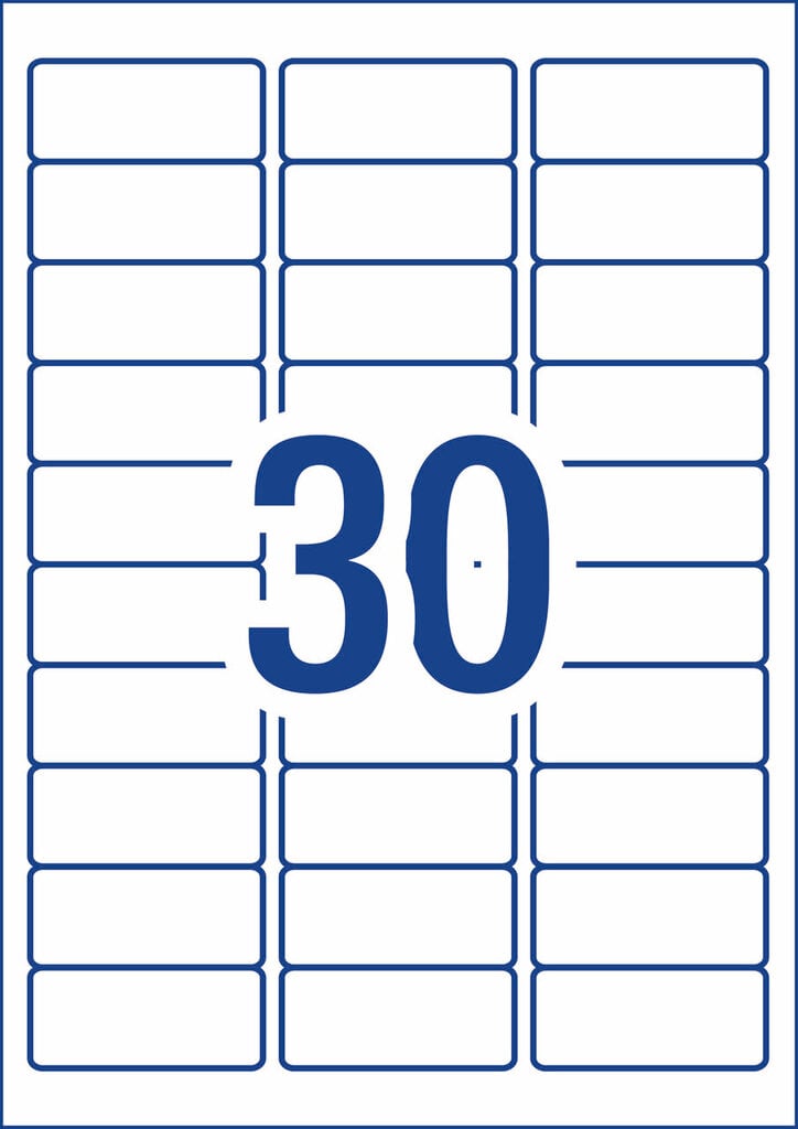 Diagram of the Avery L7158 A4 sheet layout, showing 30 white rectangular label outlines at 64 x 26.7mm arranged in columns on a single sheet with the label count printed large in the centre