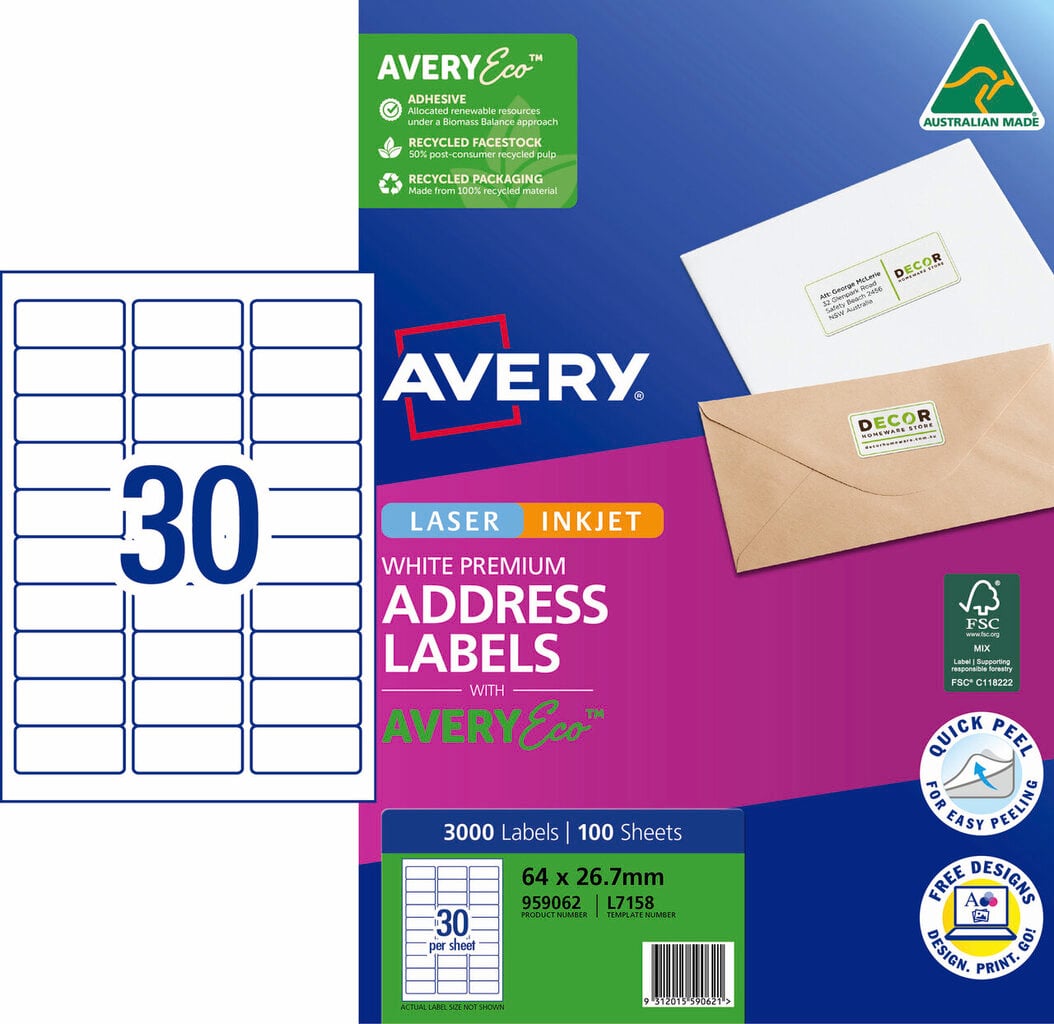 Avery 959062 pack of Premium Address Labels with AveryEco, the L7158 carton front printed 3000 Labels and 100 Sheets at 64 x 26.7mm, beside a diagram of the A4 sheet layout with 30 labels, with the Australian Made kangaroo logo, FSC mark and Quick Peel roundel