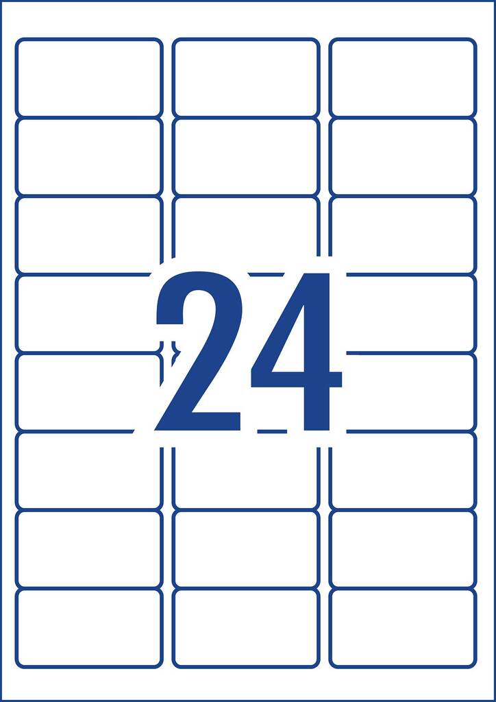 Diagram of the Avery L7159 A4 sheet layout, showing 24 white rectangular label outlines at 64 x 33.8mm arranged in three columns on a single sheet with the label count printed large in the centre