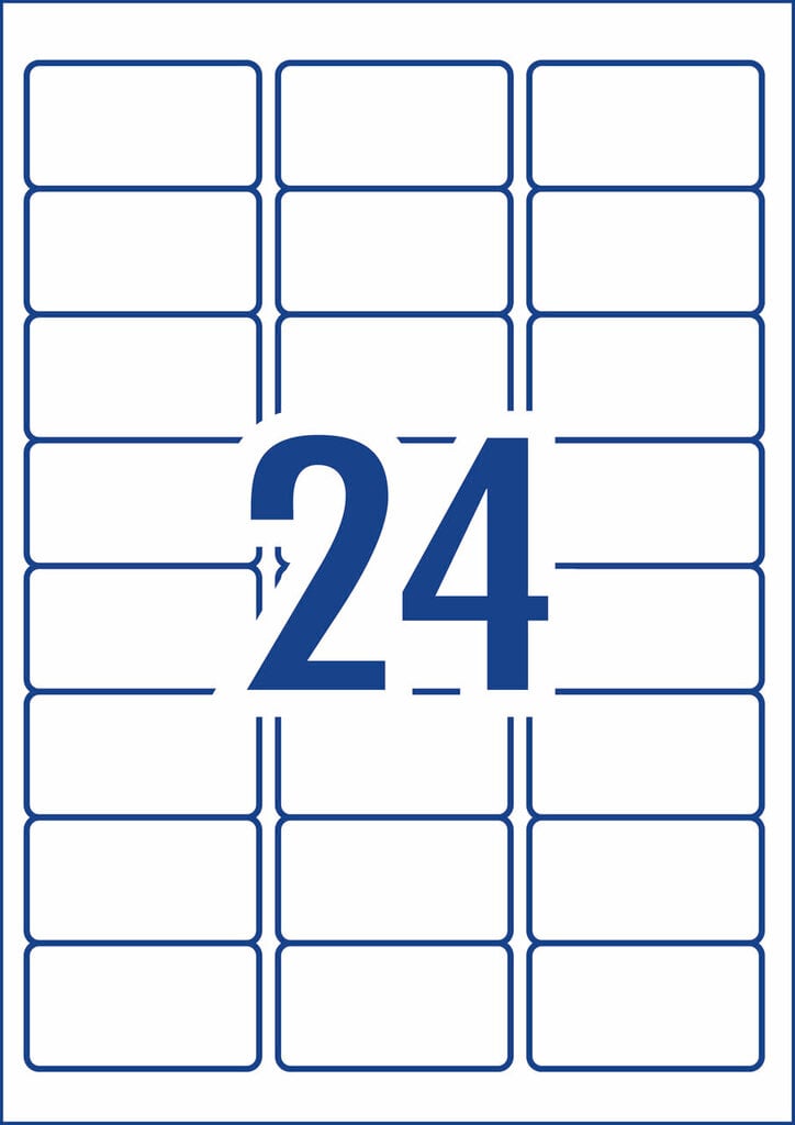 Diagram of the Avery L7159 A4 sheet layout, showing 24 white rectangular label outlines at 64 x 33.8mm arranged in three columns on a single sheet with the number 24 printed large in the centre