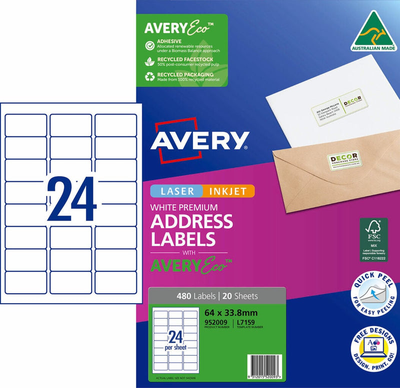 Avery 952009 pack of Premium Address Labels with AveryEco, the L7159 carton front printed 480 Labels and 20 Sheets at 64 x 33.8mm, beside a diagram of the A4 sheet layout with 24 labels, with the Australian Made kangaroo logo, FSC mark and Quick Peel roundel