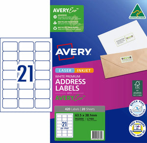 Avery 952000 pack of Premium Address Labels with AveryEco, the L7160 carton front printed 420 Labels and 20 Sheets at 63.5 x 38.1mm, beside a diagram of the A4 sheet layout with 21 labels, with the Australian Made kangaroo logo, FSC mark and Quick Peel roundel
