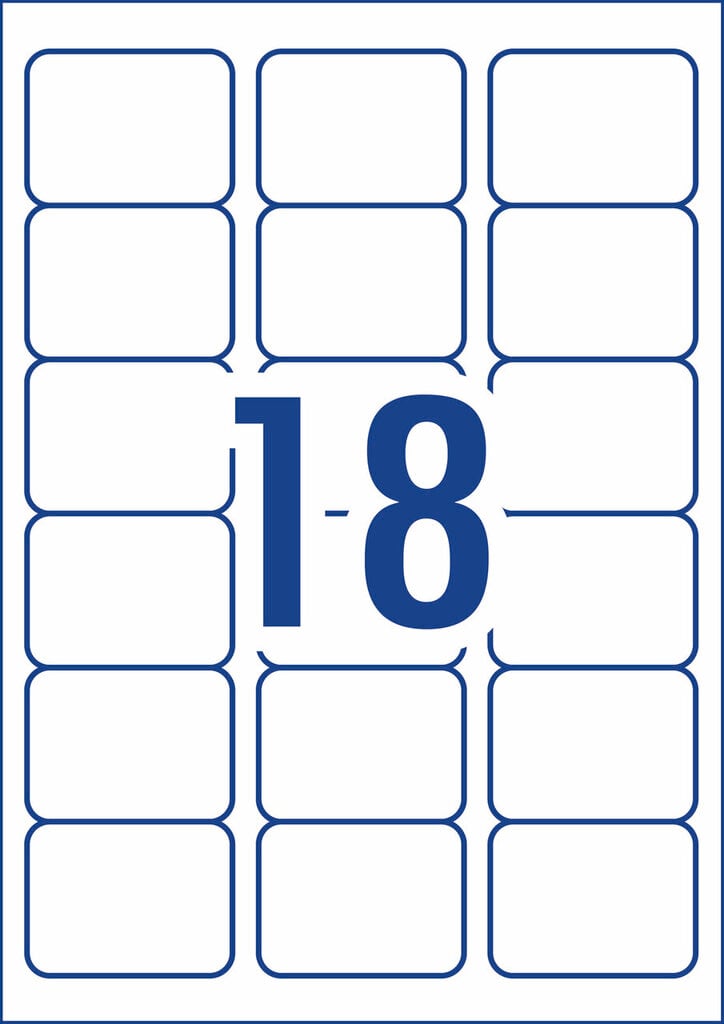 Diagram of the Avery L7161 A4 sheet layout, showing 18 white rectangular label outlines at 63.5 x 46.6mm arranged in three columns on a single sheet with the label count printed large in the centre