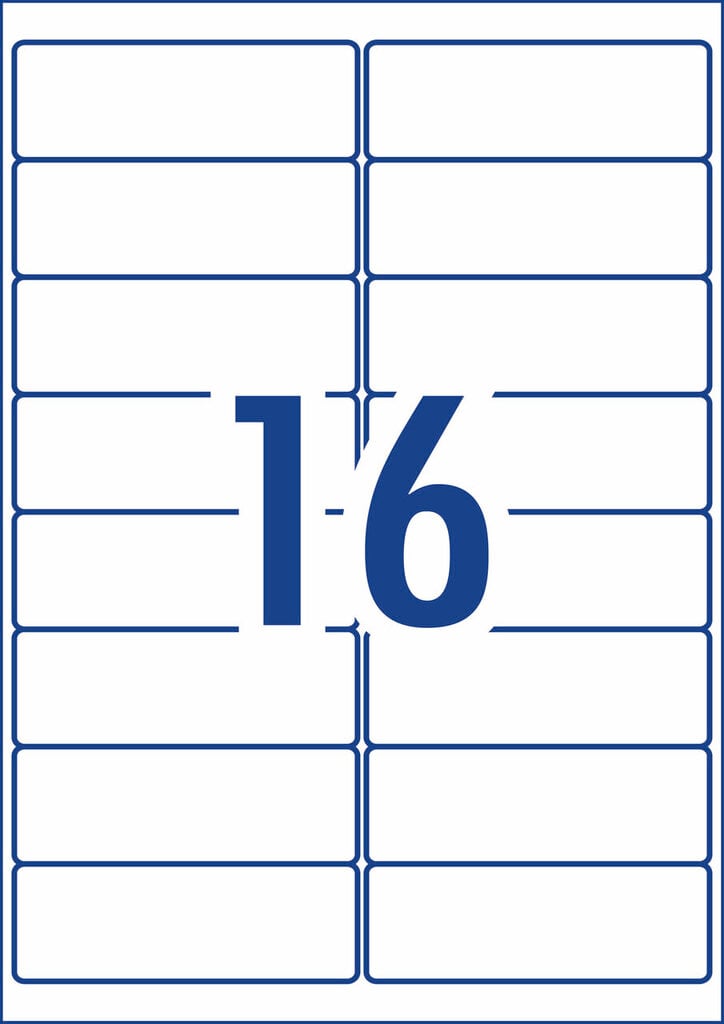 Diagram of the Avery L7162 A4 sheet layout, showing 16 white rectangular label outlines at 99.1 x 34mm arranged in two columns on a single sheet with the label count printed large in the centre