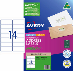 Avery 959417 pack of Premium Address Labels with AveryEco, the L7163 carton front printed 140 Labels and 10 Sheets at 99.1 x 38.1mm, beside a diagram of the A4 sheet layout with 14 labels, with the Australian Made kangaroo logo, FSC mark and Quick Peel roundel