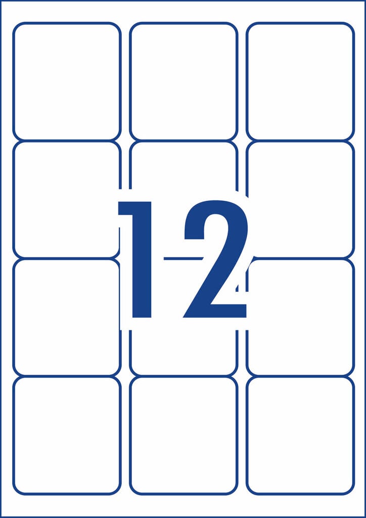 Diagram of the Avery L7164 A4 sheet layout, showing 12 white rectangular label outlines at 63.5 x 72mm arranged in three columns on a single sheet with the label count printed large in the centre