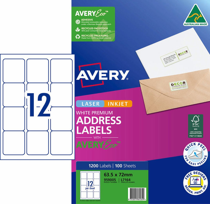 Avery 959005 pack of Premium Address Labels with AveryEco, the L7164 carton front printed 1200 Labels and 100 Sheets at 63.5 x 72mm, beside a diagram of the A4 sheet layout with 12 labels, with the Australian Made kangaroo logo, FSC mark and Quick Peel roundel
