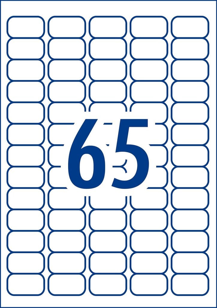 Diagram of the Avery L7651 A4 sheet layout, showing 65 small white rectangular label outlines at 38.1 x 21.2mm arranged in five columns on a single sheet with the label count printed large in the centre