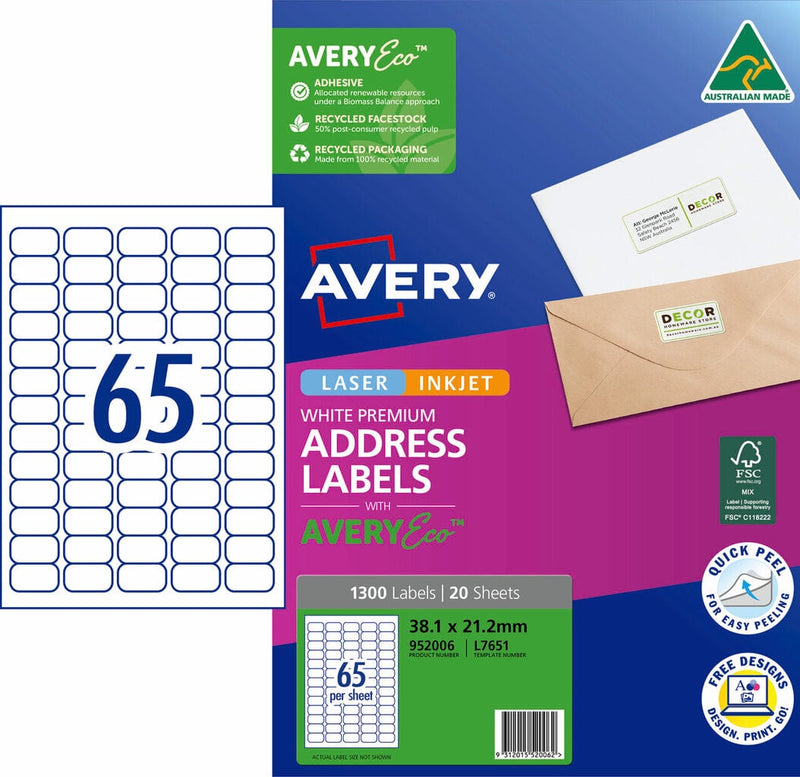 Avery 952006 pack of Premium Address Labels with AveryEco, the L7651 carton front printed 1300 Labels and 20 Sheets at 38.1 x 21.2mm, beside a diagram of the A4 sheet layout with 65 labels, with the Australian Made kangaroo logo, FSC mark and Quick Peel roundel